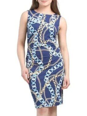 J. McLaughlin Catalina Cloth Midi Dress M Navy Blue Gold Chain Print